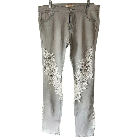 Youboya Y2K Women’s Mid Rise Jeans Size 34/M Light Wash Gray Lace Fairy Pockets - Picture 1 of 9